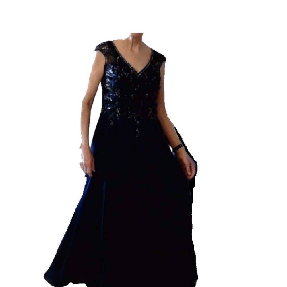 XSCAPE 8P, Women's Cap Sleeve V-Neck Full-Length Evening Dress, Navy,